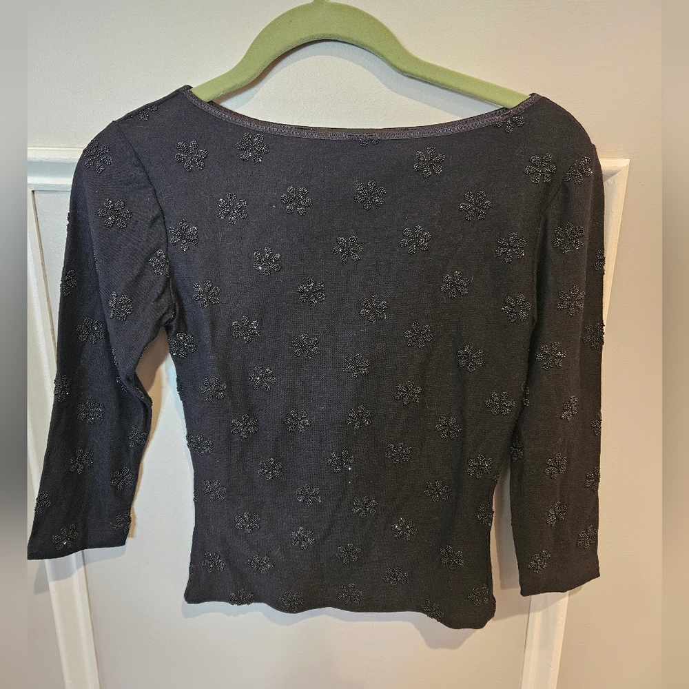 Vintage Jeanette Kastenberg Bergdorf Goodman Black Beaded Flower Shirt Size XS S